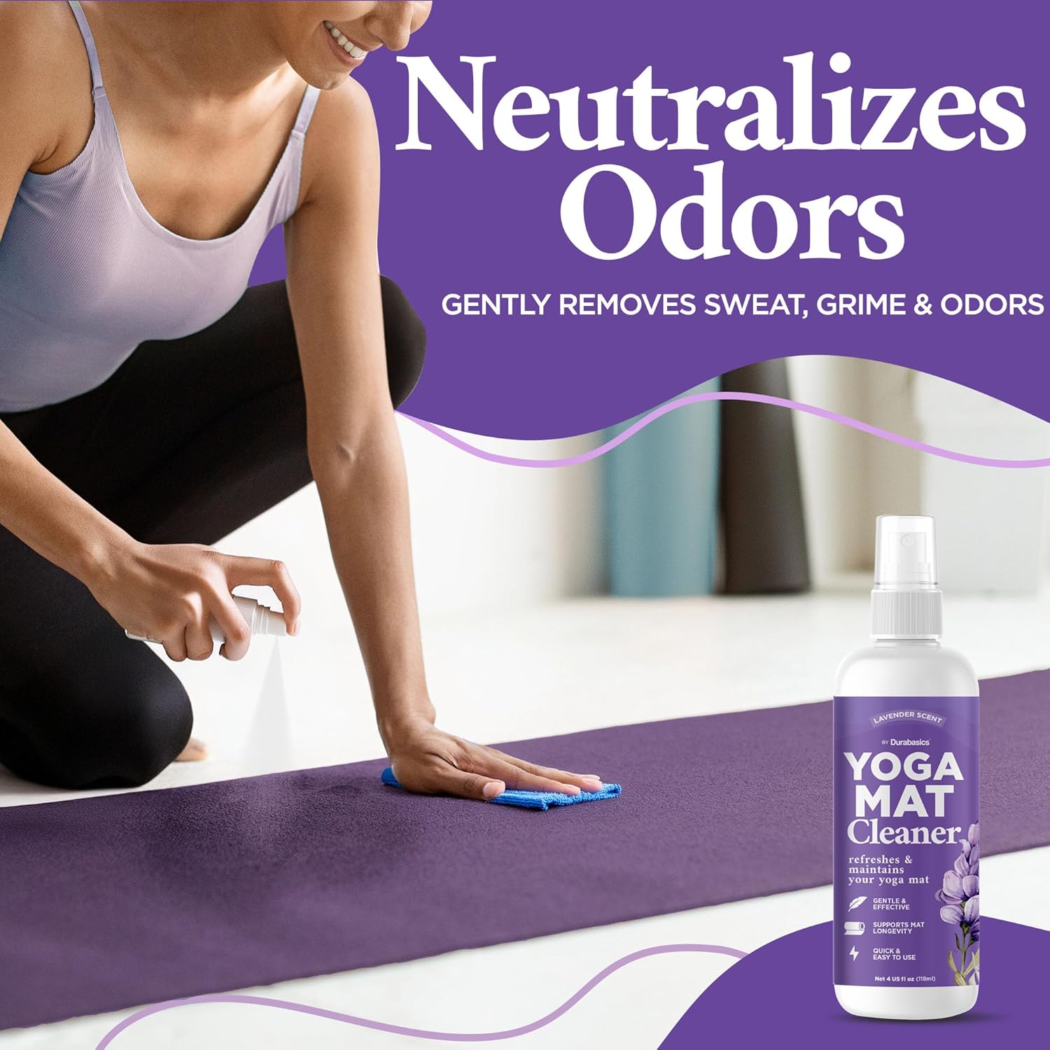 Durabasics Yoga Mat Cleaner Spray – Lavender Scent – 2 Pack (4 oz Each) with Microfiber Towel – Mat Spray Cleaner for Sweat & Odor – Quick-Dry, No Rinse Formula for Gear & Gym Equipment