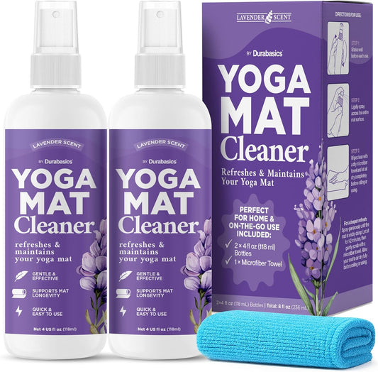 Durabasics Yoga Mat Cleaner Spray – Lavender Scent – 2 Pack (4 oz Each) with Microfiber Towel – Mat Spray Cleaner for Sweat & Odor – Quick-Dry, No Rinse Formula for Gear & Gym Equipment