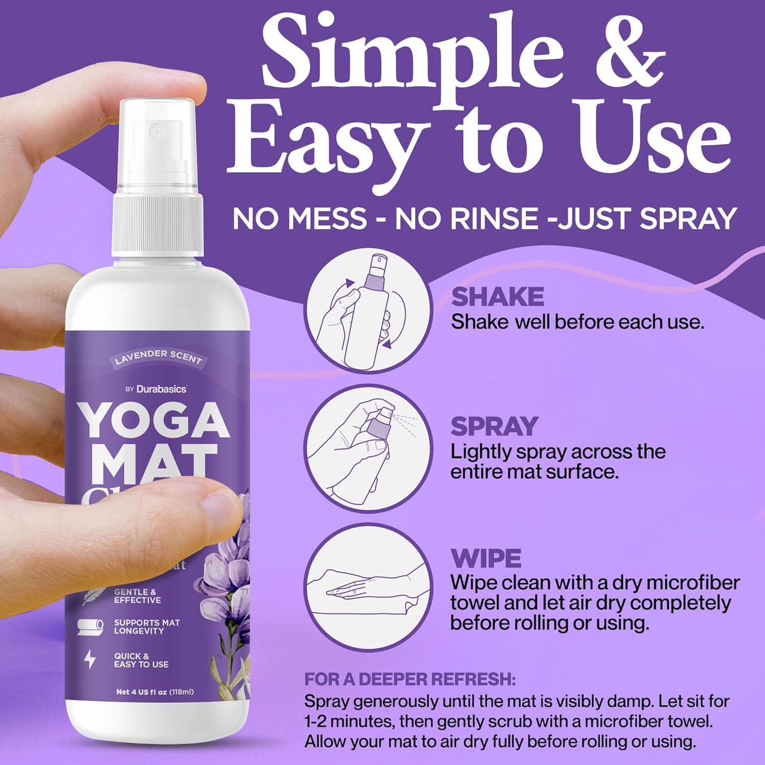 Durabasics Yoga Mat Cleaner Spray – Lavender Scent – 2 Pack (4 oz Each) with Microfiber Towel – Mat Spray Cleaner for Sweat & Odor – Quick-Dry, No Rinse Formula for Gear & Gym Equipment