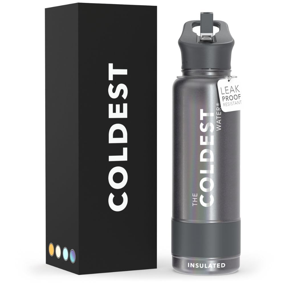 Coldest Insulated Water Bottle with Straw Lid - Stainless Steel Metal Insulated Bottle for Men & Women (Matte Black, 32 oz)