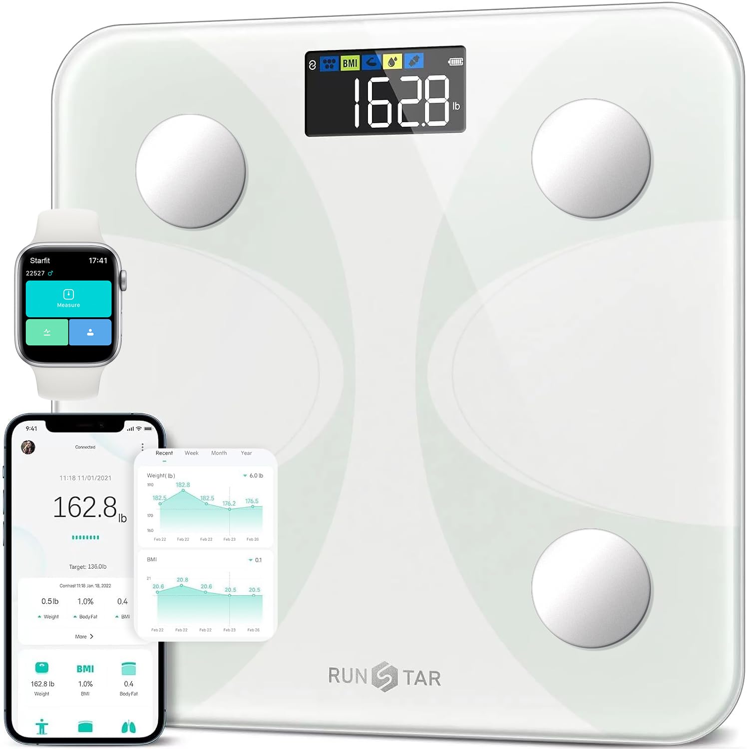 Scale for Body Weight and Fat Percentage, RunSTAR Digital Accurate Bathroom Smart Scale with Large Display, FSA&HSA Eligible 13 Body Composition Analyzer Sync App