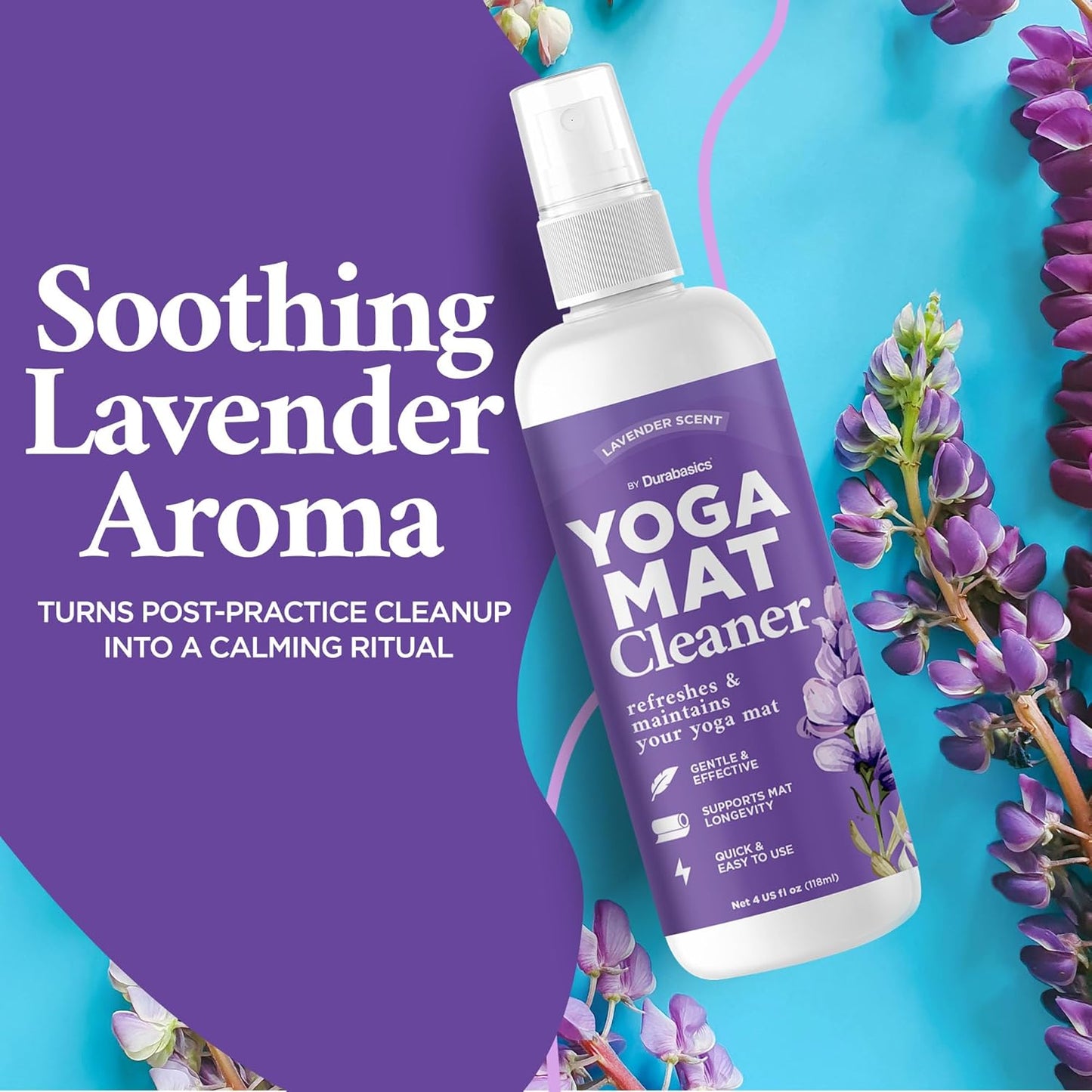 Durabasics Yoga Mat Cleaner Spray – Lavender Scent – 2 Pack (4 oz Each) with Microfiber Towel – Mat Spray Cleaner for Sweat & Odor – Quick-Dry, No Rinse Formula for Gear & Gym Equipment