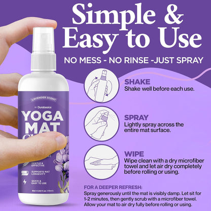 Durabasics Yoga Mat Cleaner Spray – Lavender Scent – 2 Pack (4 oz Each) with Microfiber Towel – Mat Spray Cleaner for Sweat & Odor – Quick-Dry, No Rinse Formula for Gear & Gym Equipment